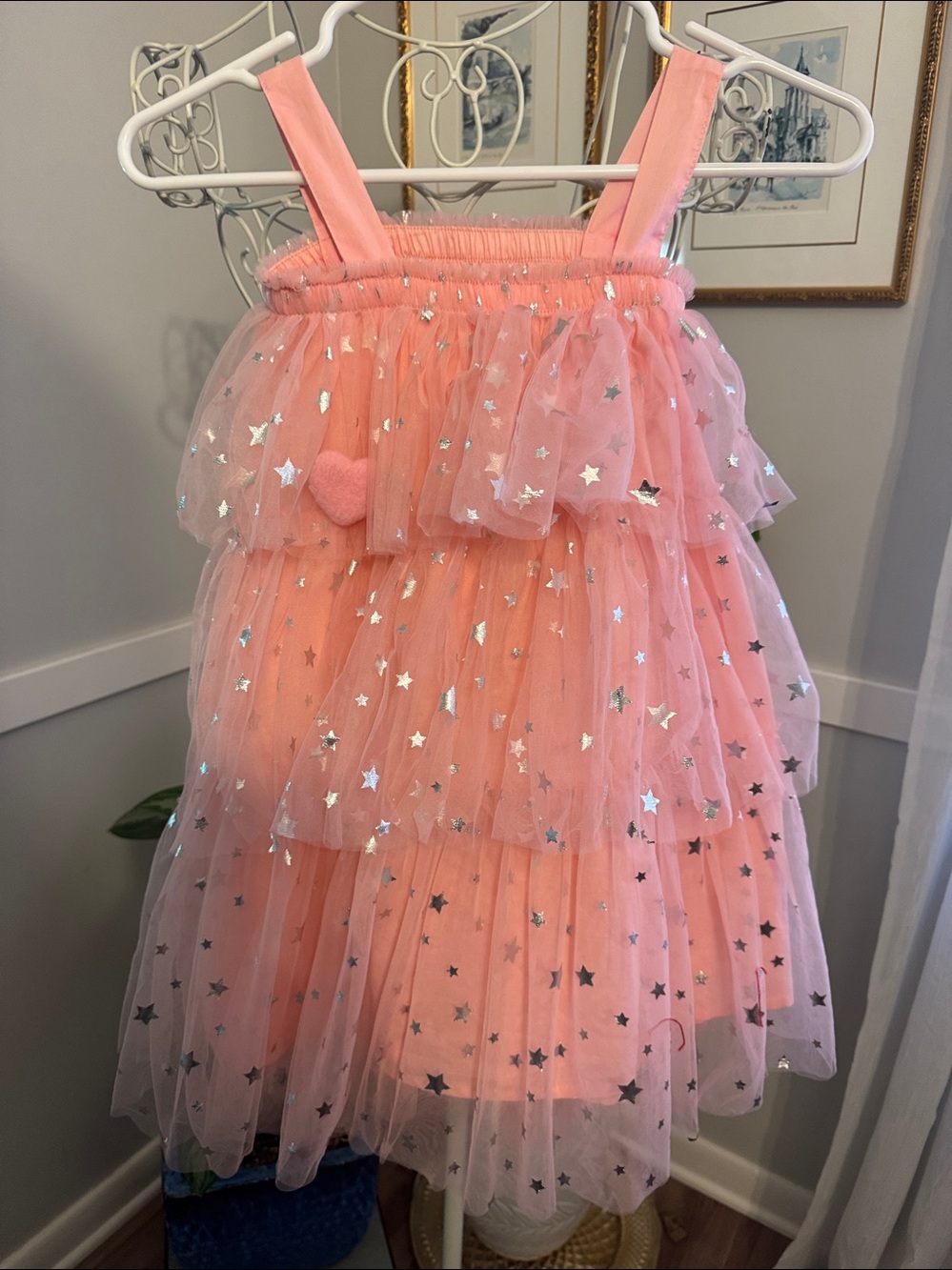 Pink tulle dress embellished with puffy hearts and stars!